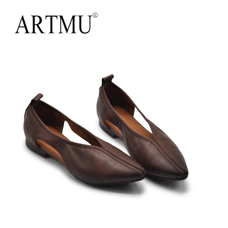 Artmu Original Pointed Toe Low Heel Hollow Out Shoes For Women Genuine Leather Loafers Slip On Soft Sole Shoes Luxury Lazy Shoes