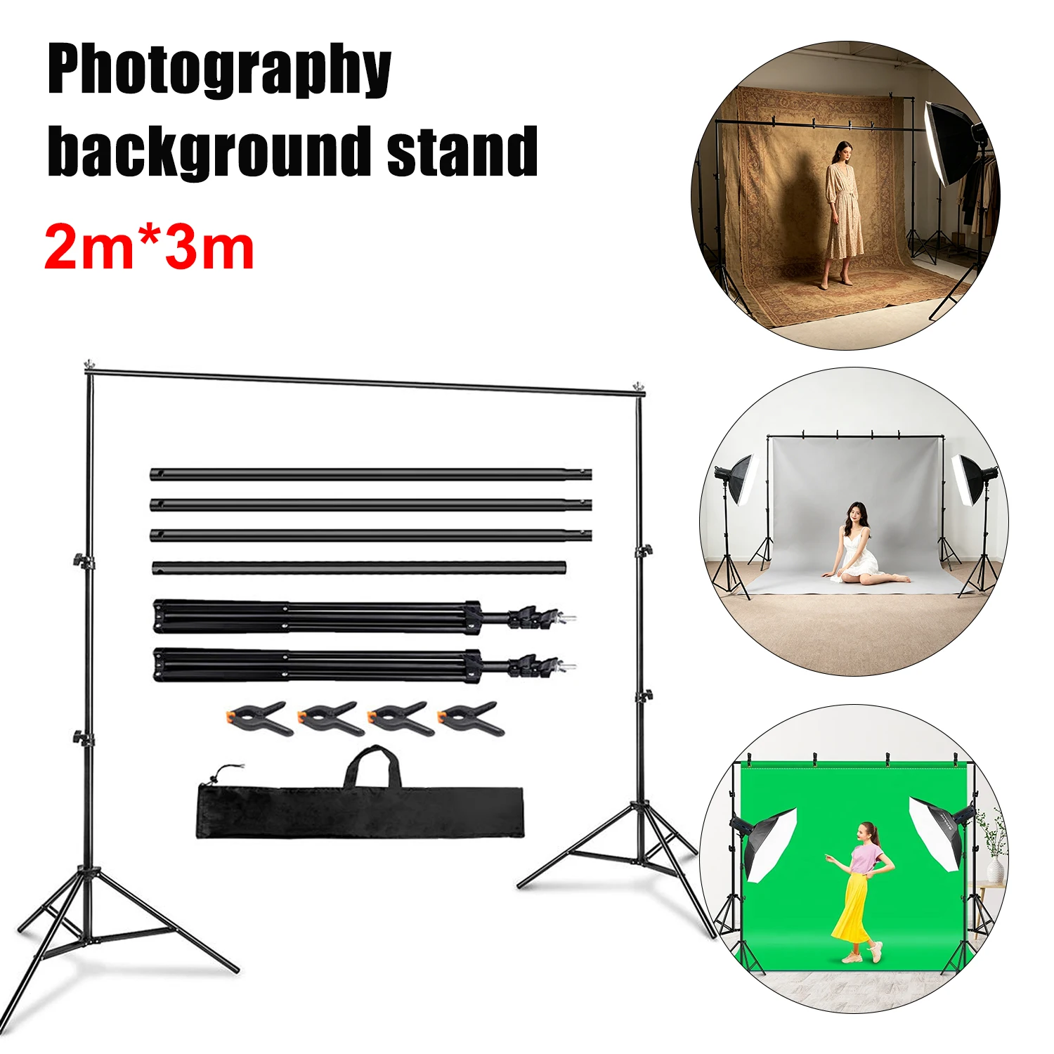 Supporto per fondali fotografici 2x3M, sistema di supporto regolabile in metallo con treppiedi, traverse, morsetti, sacchi di sabbia e borsa per il trasporto, supporto portatile e pieghevole per