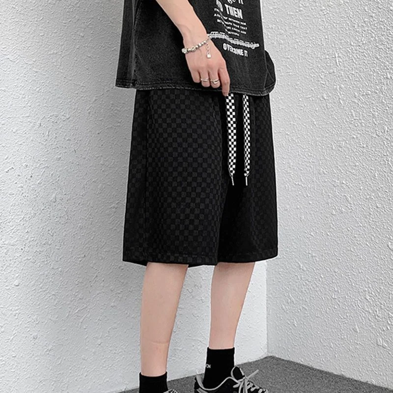 Cooling Ice Silk Men's Plus Size Shorts for Summer Checkered Pattern Mid-Length Beachwear Hong Kong Style Trendy Comfortable