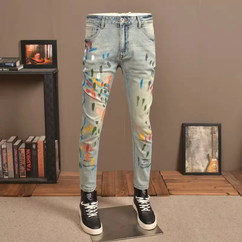 High Street Fashion Men Jeans Retro Blue Elastic Stretch Slim Fit Ripped Jeans Men Painted Designer Hip Hop Pencil Pants Hombre