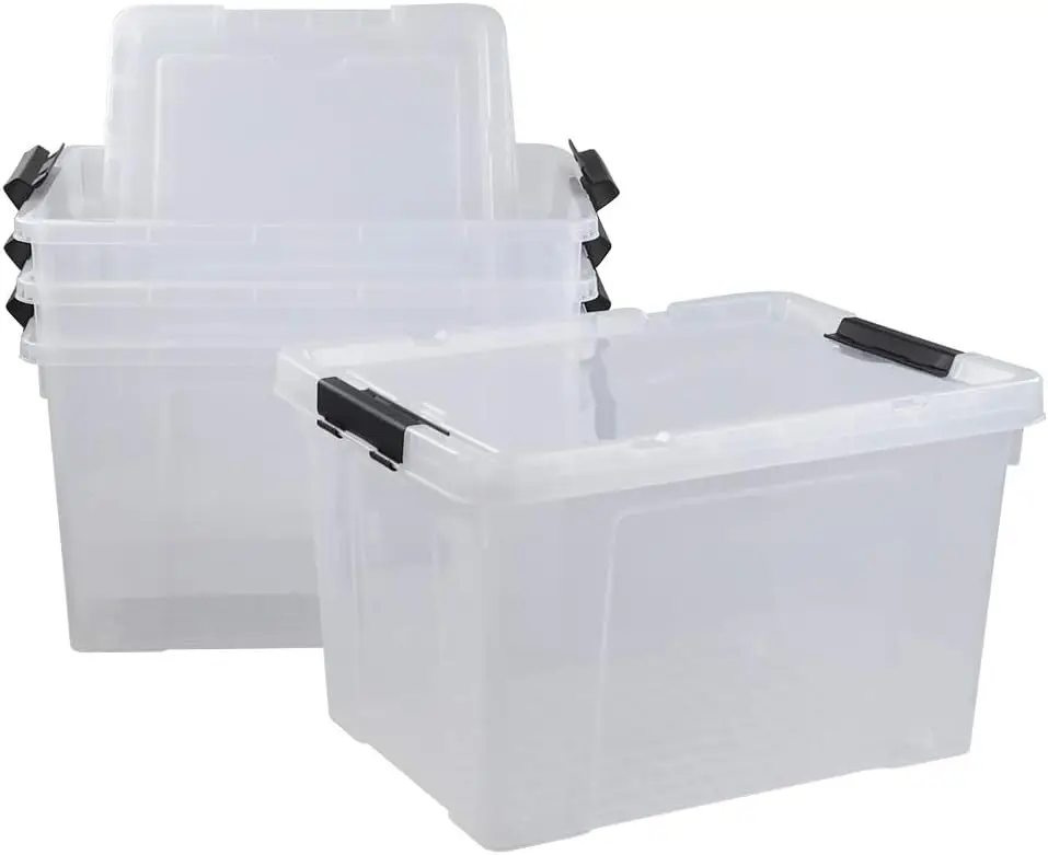 

50 Quart Clear Plastic Box Bin with Wheels, 4 Packs Organizer box Cajas de carton Remote control holder Hide stash Wood box Box