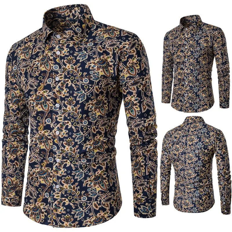 Large Size Ethnic Style Floral Print Long-Sleeved Shirt Square Collar Cardigan Top Jacket - Floral Patterned Outerwear