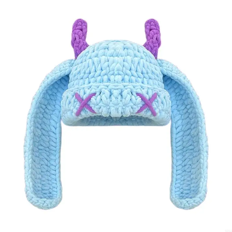 2026 New Crochet Devil Horn Hat Fun Rabbits Ear Cosplay Headwear Comfortable Winter Warmth Pullover Hat for Women Girl