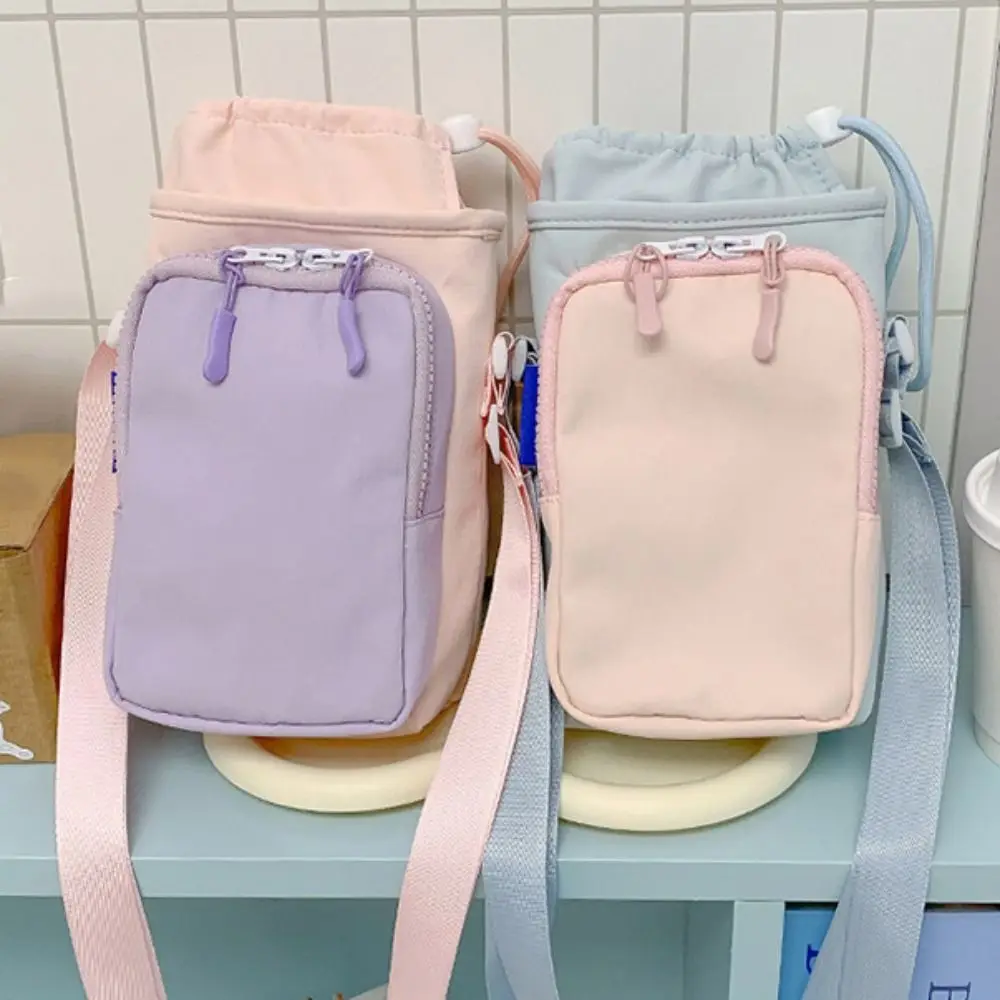 Dopamine Style Water Bottle Bag Lightweight Hands-Free Thermal Mugs Shoulder Bag Universal with Phone Pocket Mobile Phone Pouch