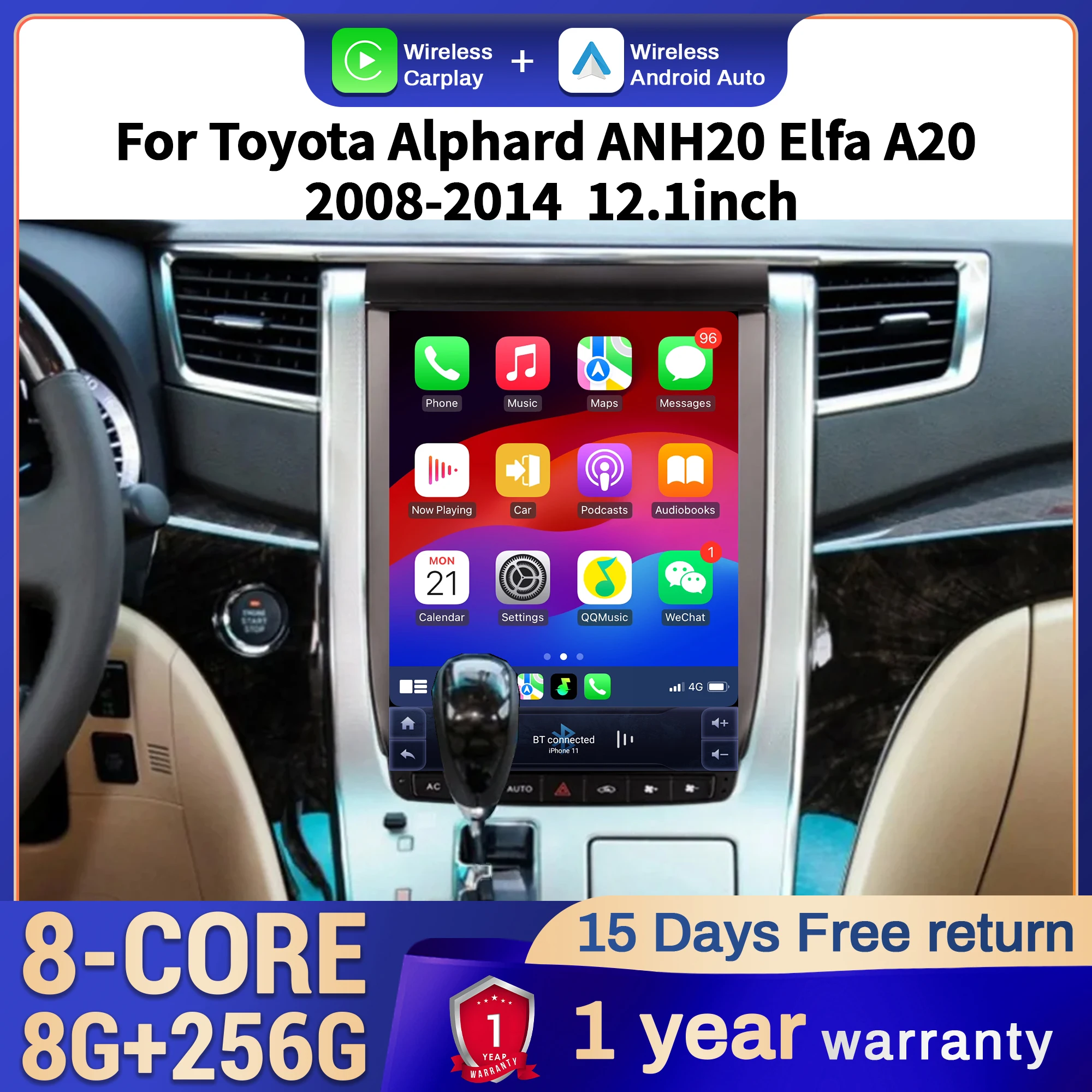 

12.1 inch Car Radio For Toyota Alphard ANH20 Elfa A20 2008-2014 Head Unit Wireless Bluetooth CarPlay Touch Screen Stereo System