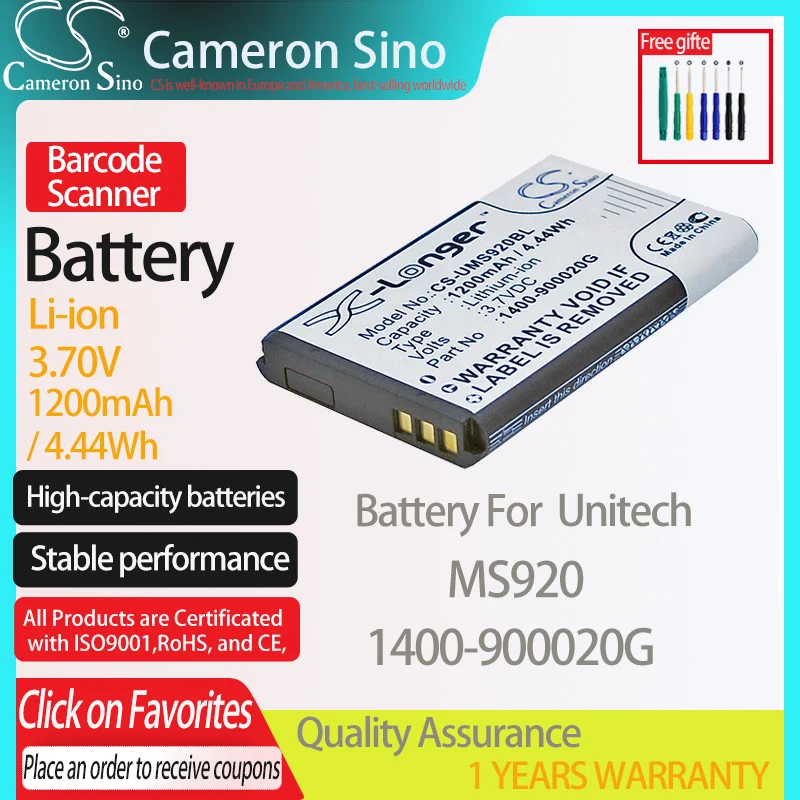 CameronSino Battery for Unitech MS920 fits Unitech 1400-900020G Barcode Scanner battery 1200mAh 3.70V Li-ion Black