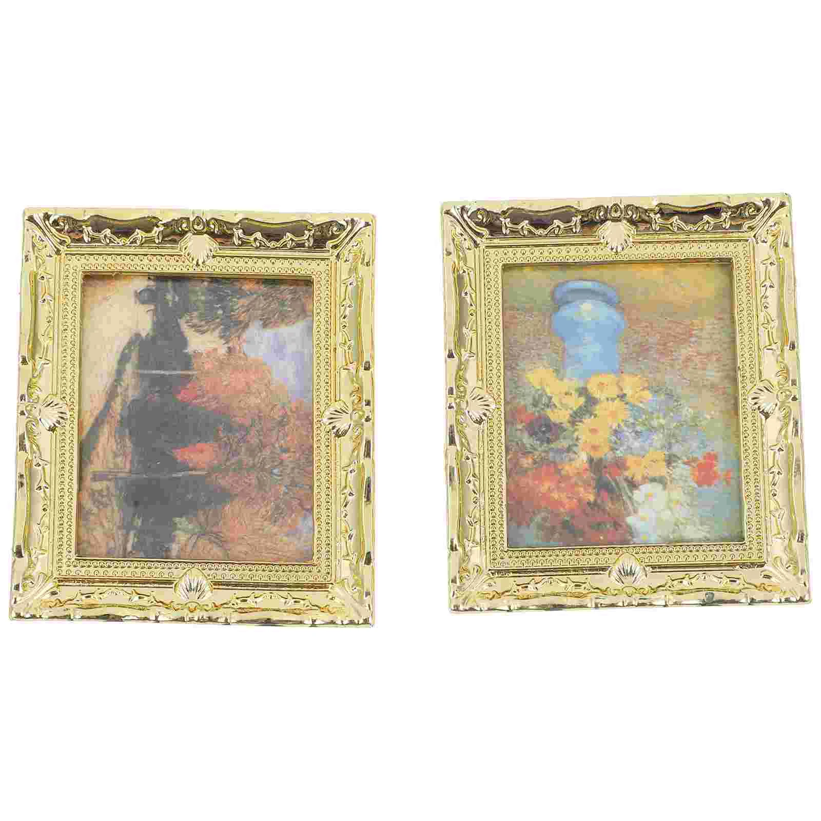 

2 Pcs Decorative Gold Oil Painting Tiny House for inside The Photo Frame Miniature Picture Ornaments Frames Resin Child