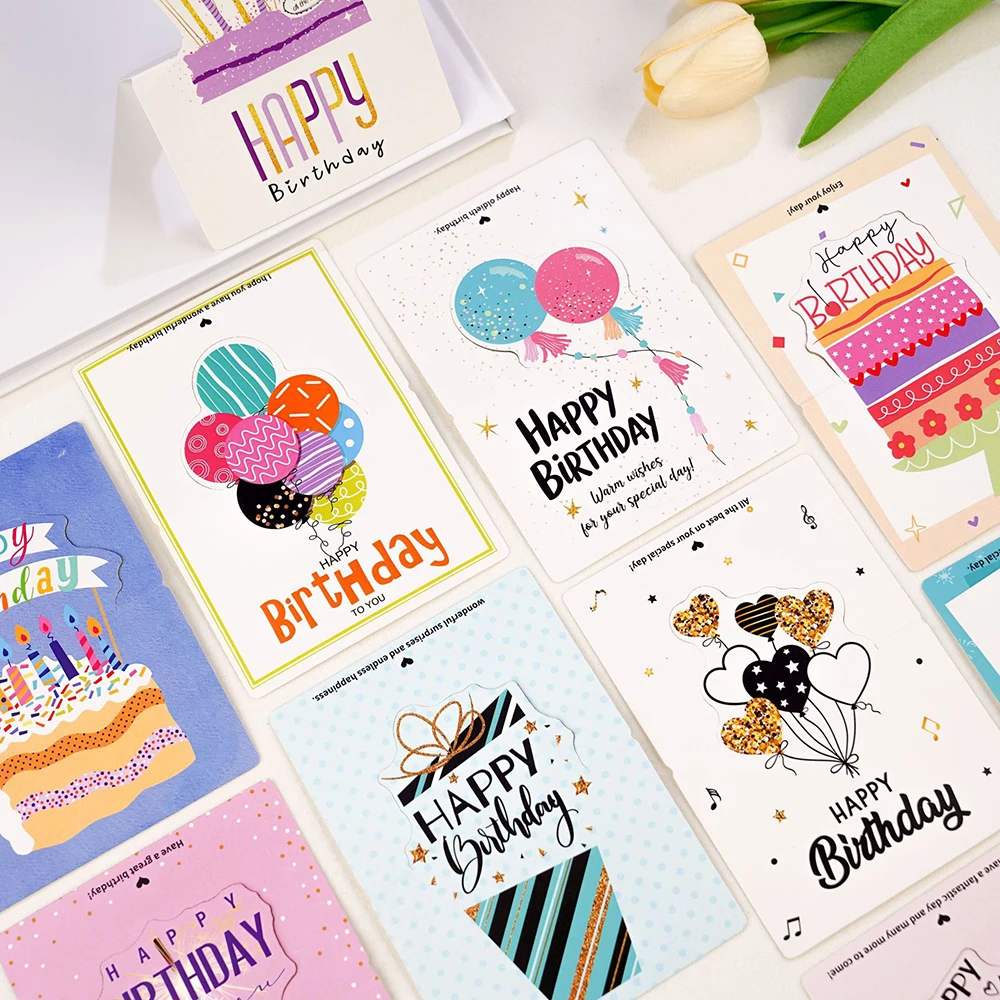10PCS New 3D Birthday Cards, Happy Birthday English Blessing Cards, Party Decoration Cards, Multiple Styles