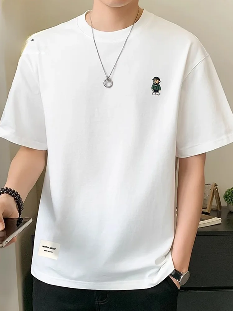 

Мужская белая футболка с коротким рукавом, летняя, трендовая, из шелкового хлопка, с вышивкой, плотная, повседневная, свободного кроя, с круглым вырезом