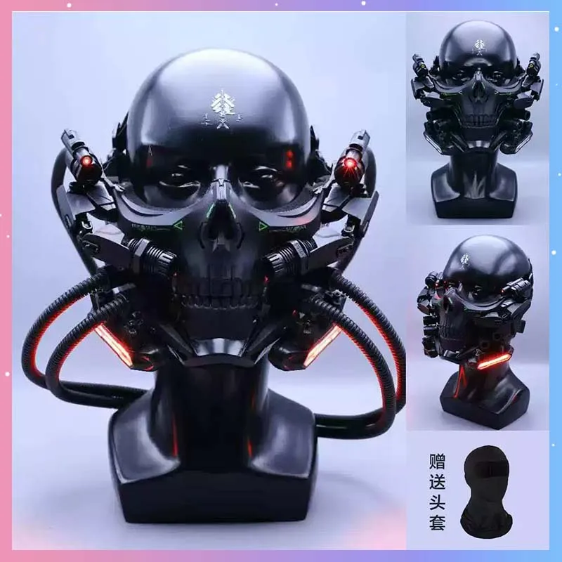 

Cyber Punk Skeleton Mask With Lighting Costumes Half face Black Tactics Mask Halloween Party Carnival Shooting Game Props Gift