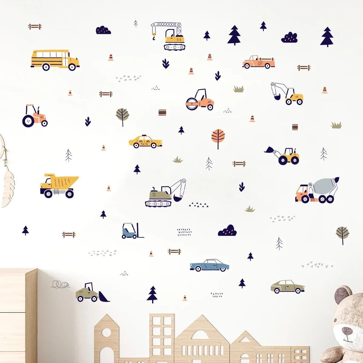 New Cartoon All Kinds of Engineering Car Wall Stickers for Kids Room Bedroom Home Decoration Wall Decor