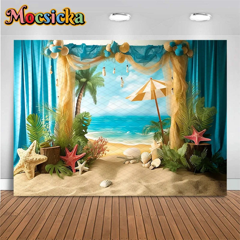

Mocsicka Summer Beach Photography Backdrop Seaside Tent Shell Hawaiian Party Decorations Birthday Background Poster Photo Studio