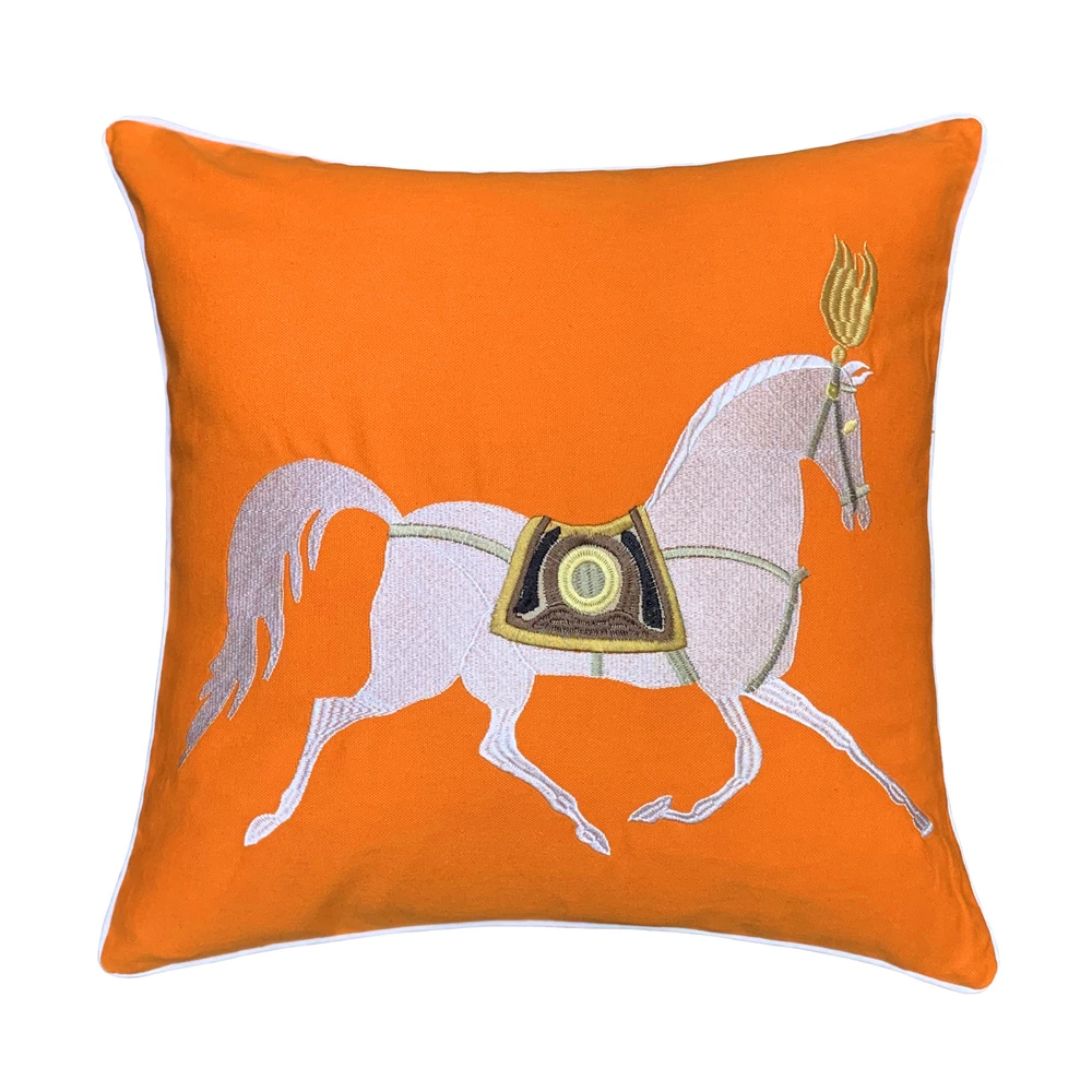 Modern Cotton Embroidery Horse Luxury Decorative Pillow Case White Canvas Sofa Chair Cushion Cover 45x45cm 1pc/lot