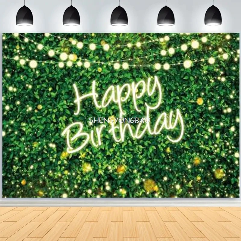 

Green Leaves Happy Birthday Party Backdrop Baby Shower Background For Photography Cake Table Photo Studio Booth Props HQ-02