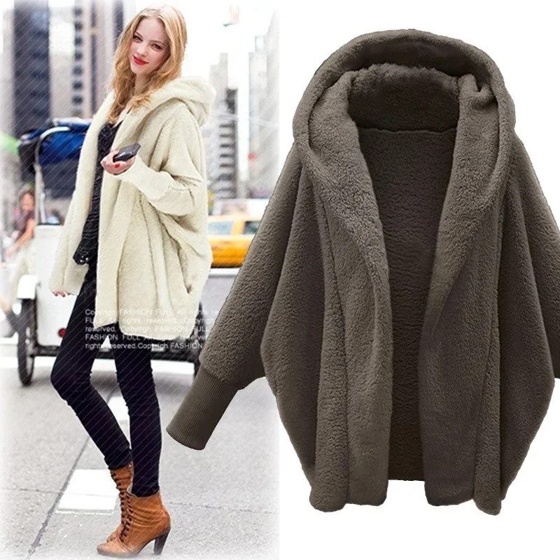 Vestido Fashion Casual Loose Solid Color Full-sleeved Long-sleeved Hooded Loose Plush Jacket New Autumn and Winter Women\'s Coat