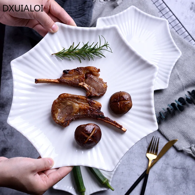 

Белая керамическая посуда неправильной формы, тарелка с морскими звездами и листьями лотоса, домашняя кухонная тарелка, креативные тарелки для ресторана