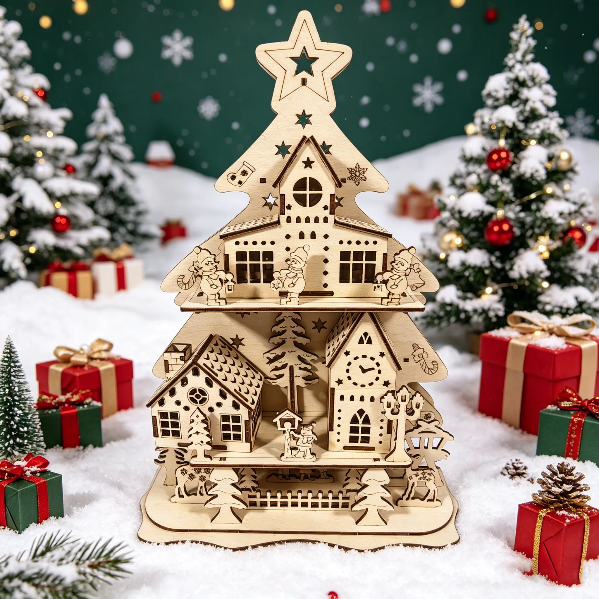 3D Wooden Puzzle Christmas Tree Cottage Handcrafted DIY Assembly Model Christmas Tabletop Decorative Ornament Festive Gift