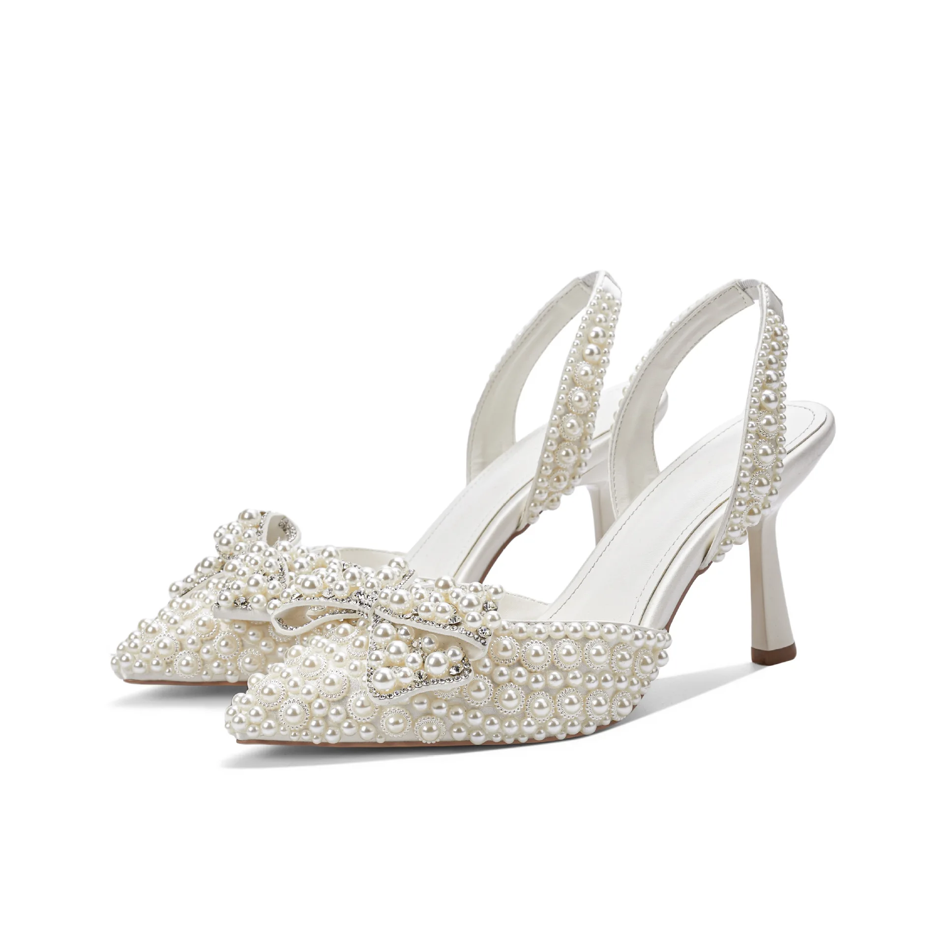 

Pointed Bow Tie Back Strap Sandals Stiletto Hand-Made Pearl High Heels Fashion Large-Size White Bridal Wedding Shoes