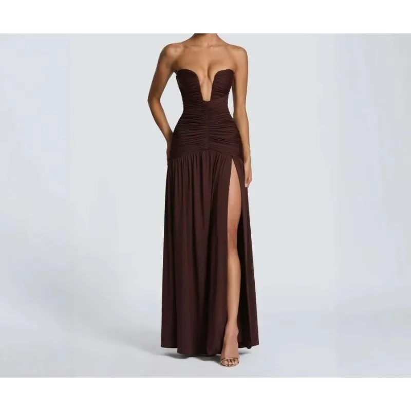 Summer New Women's High Waisted Sleeveless Elegant Temperament Solid Color Sexy Strapless High Slit Pleated Slim Fit Dress