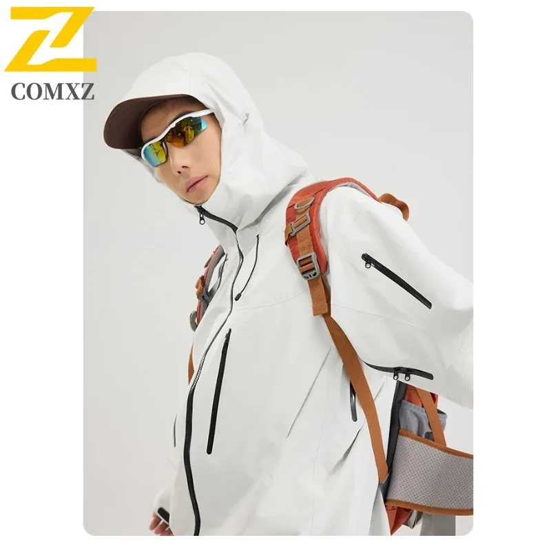 

COMXZ 2025 All Terrain Rain Jacket Mens Water Resistant Windproof Hooded Parka Coat For Fishing Camping Hiking Activities