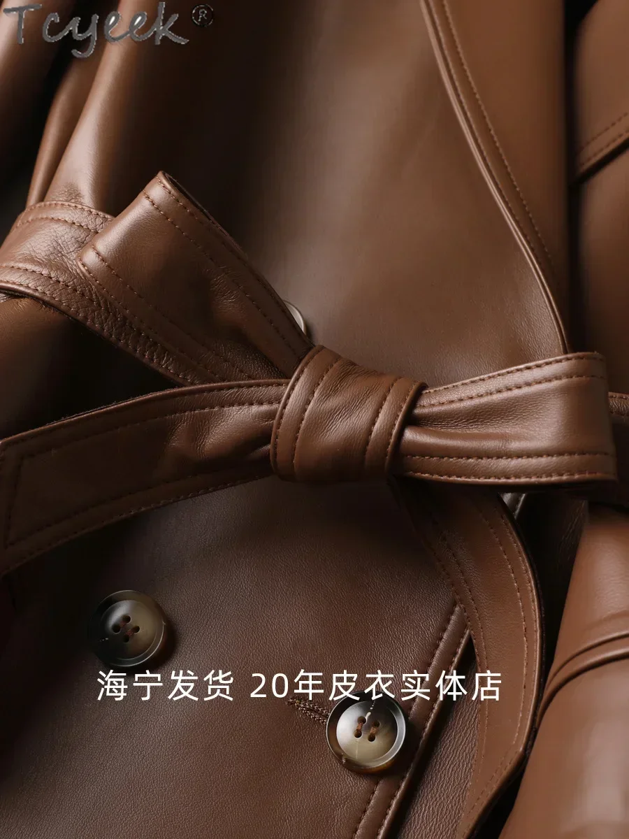 Tcyeek-Vestes en cuir véritable pour femmes, peau de mouton véritable, vêtements d'automne, veste trempée, ceinture, 2025