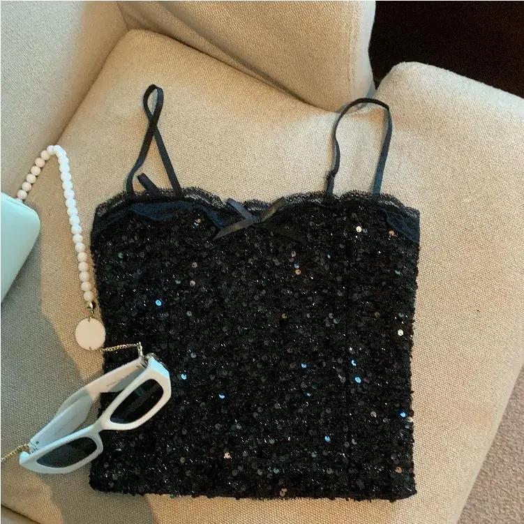 Lace Splicing Sequins Vest Women Camisole Fashion High Street Summer Tank Tops Party Party Cropped Top