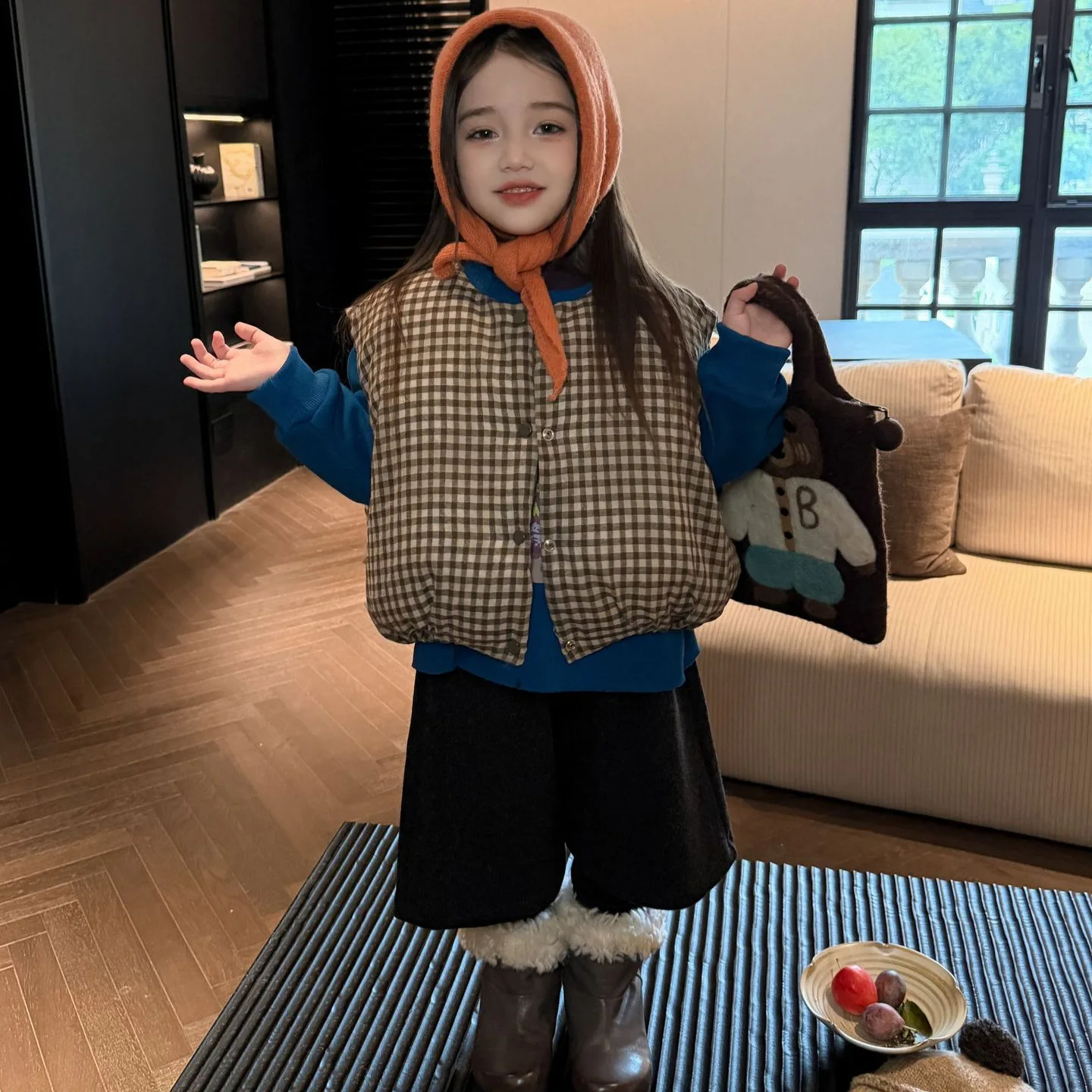 Girls Vest 2026 Autumn Winter New Children's Clothing for Girls Wearing Checkered Cotton Vest on Both Sides