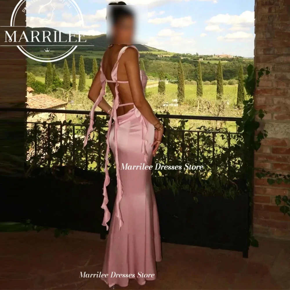 Marrilee Open Back Sexy Pink Mermaid Spaghetti Strap Stain Evening Dress Lace Up Floor Length Sleeveless Elegant Prom Party Gown