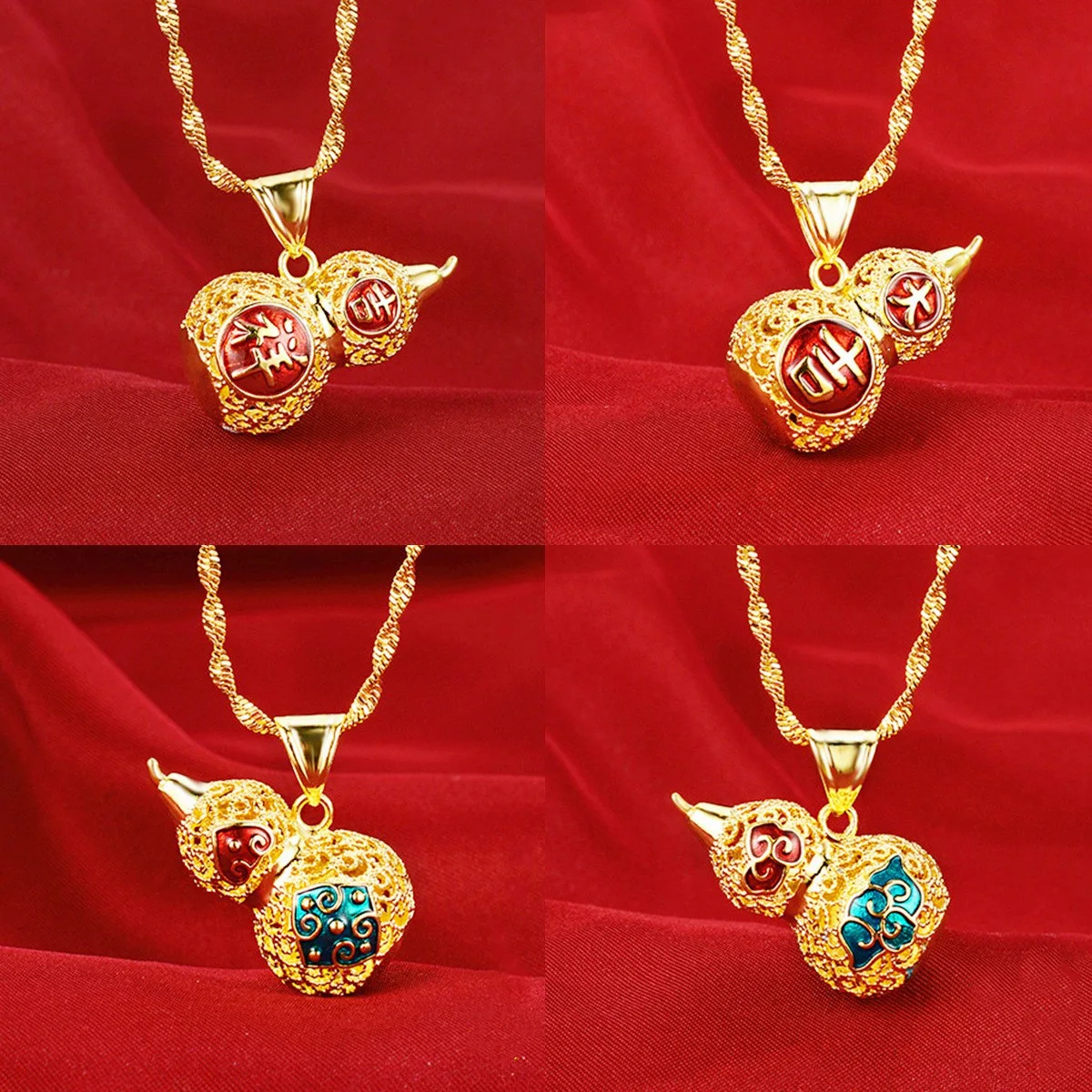 AU999 Gold Clavicle Chain Womens Filigree Gourd Koi Pendant Fortune and Luck Real Gold 24K Pure Gold Ruyi Necklace