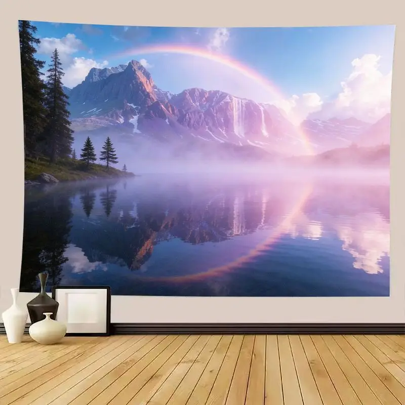 VIKAMA Nature Landscape Tapestry, Misty Mountain Lake with Rainbow Decor