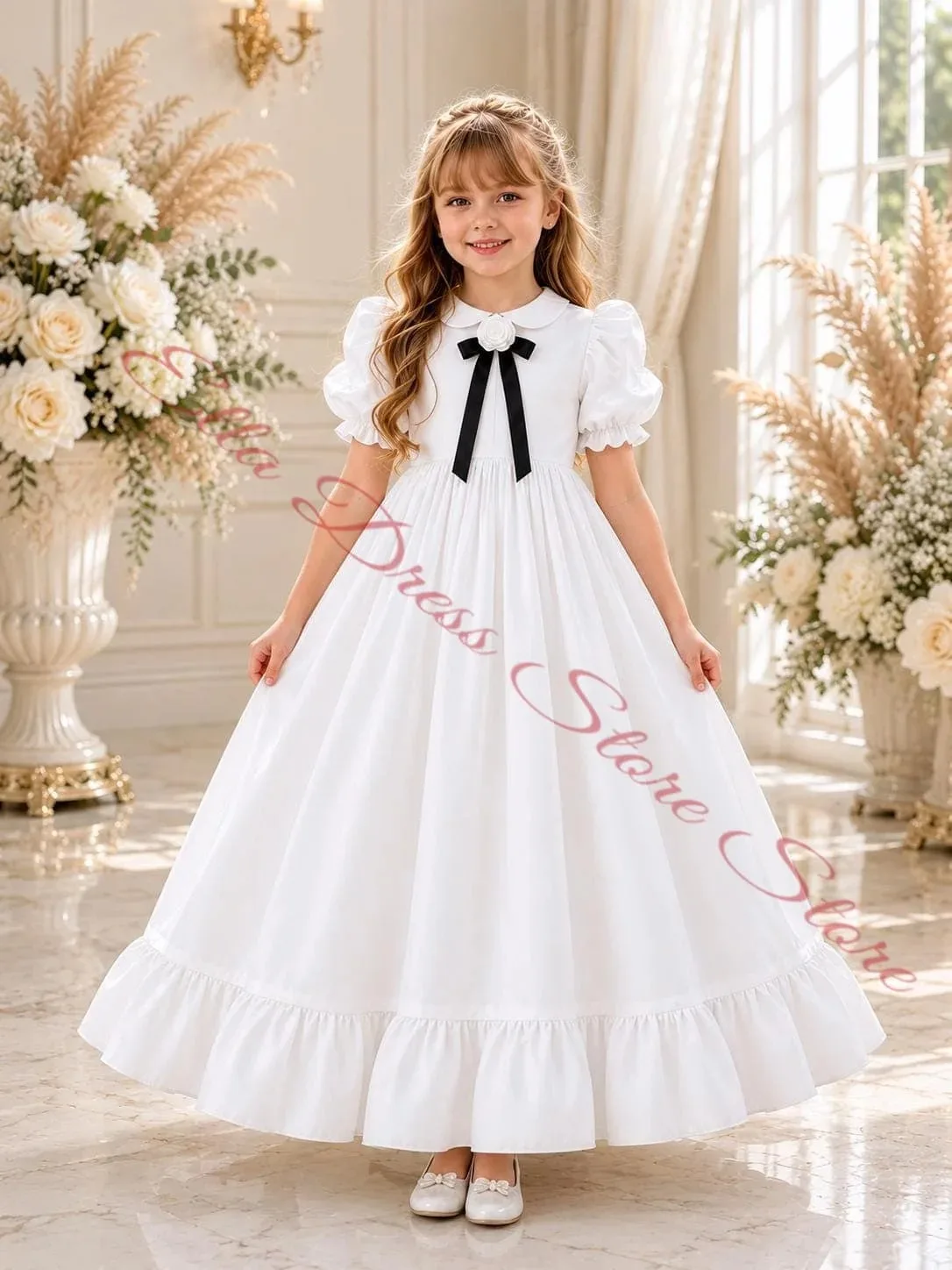 Weißes Satin-Mädchenkleid, hübsches Blumenmädchenkleid mit schwarzer Schleife, für Hochzeitszeremonie, Feiertagsfeier, Veranstaltungen, Partys, nach Maß. – Detail 3