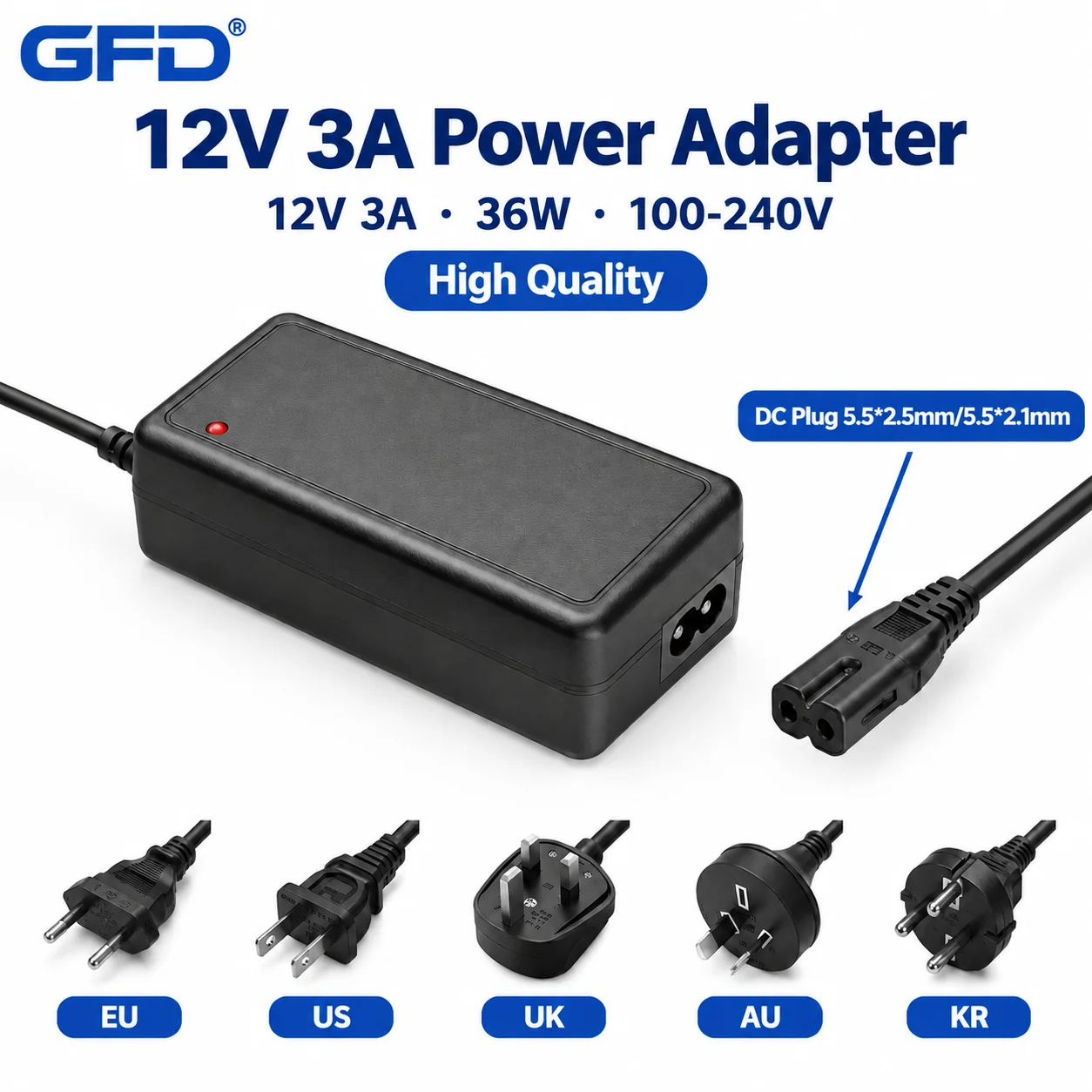 12V 3A Power Adapter 36W AC DC Desktop Adapter 100-240V 5.5x2.1mm for Monitor Router CCTV Camera LED Strip GFD-A5W-DG