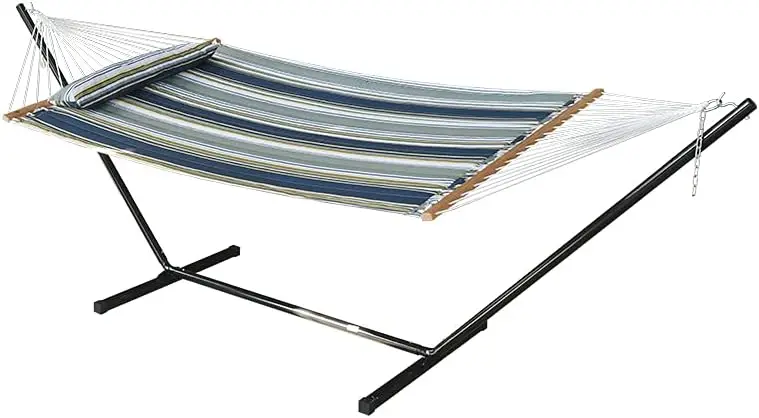 Quilted Fabric Rope Hammock Two Person with 12-Foot Stand and Spreader Bars,Pad and Pillow, Freestanding Outdoor Heavy Duty