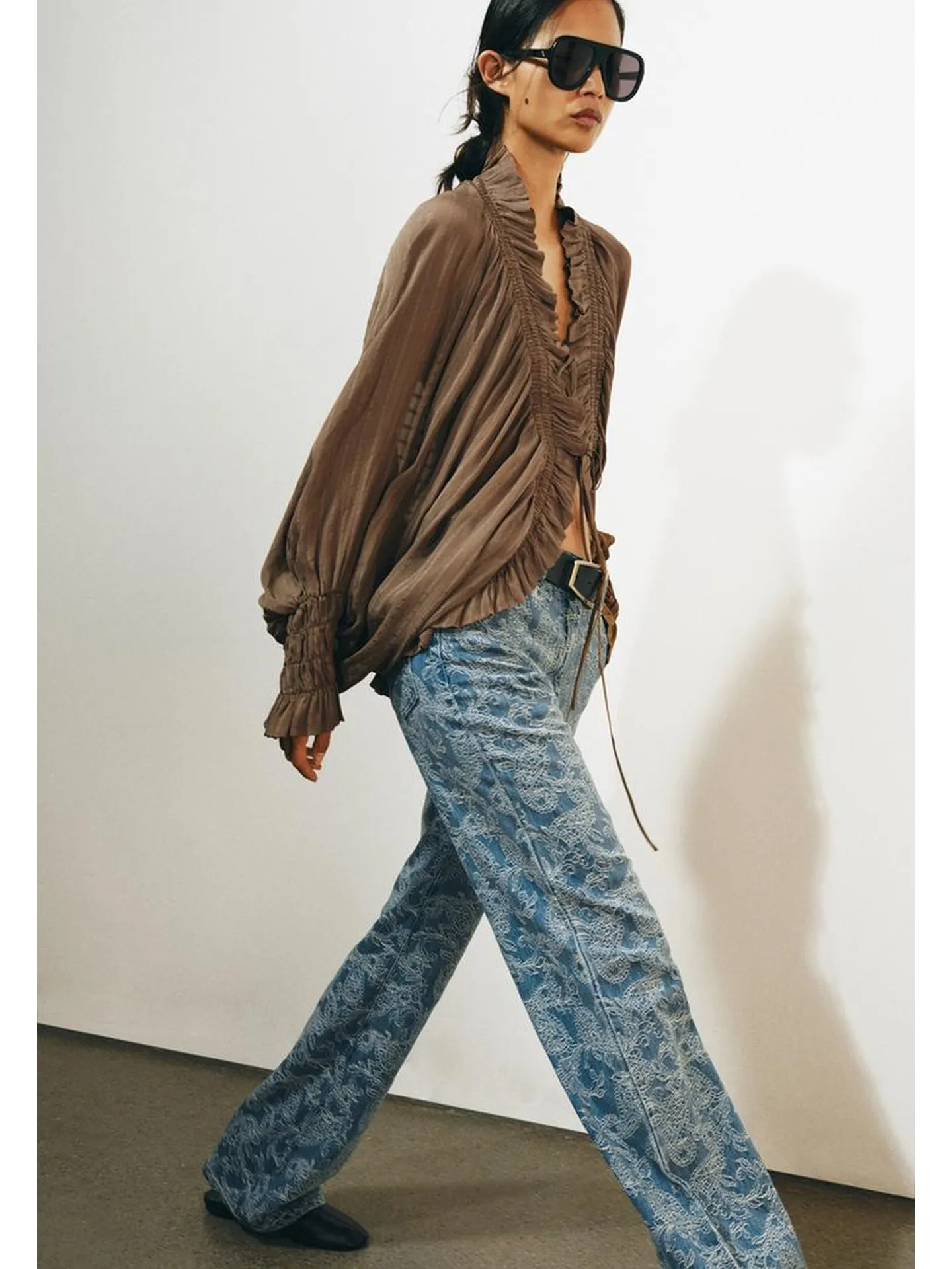 Autumn New Arrival Women's Long Sleeve V-Neck Asymmetric Hem Pleated Shirt Button Detail Drapey Polyester Commute Style Loose...