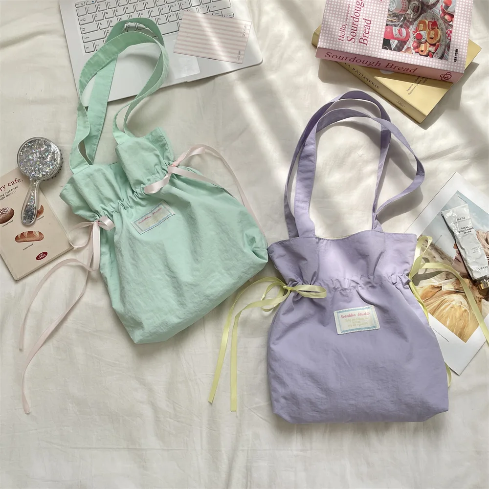 

Korean Fresh Canvas Shoulder Bag Women's Drawstring Bags Large Capacity Tote Bag Commuting Bag Drawstring Pouch Shopping Bags