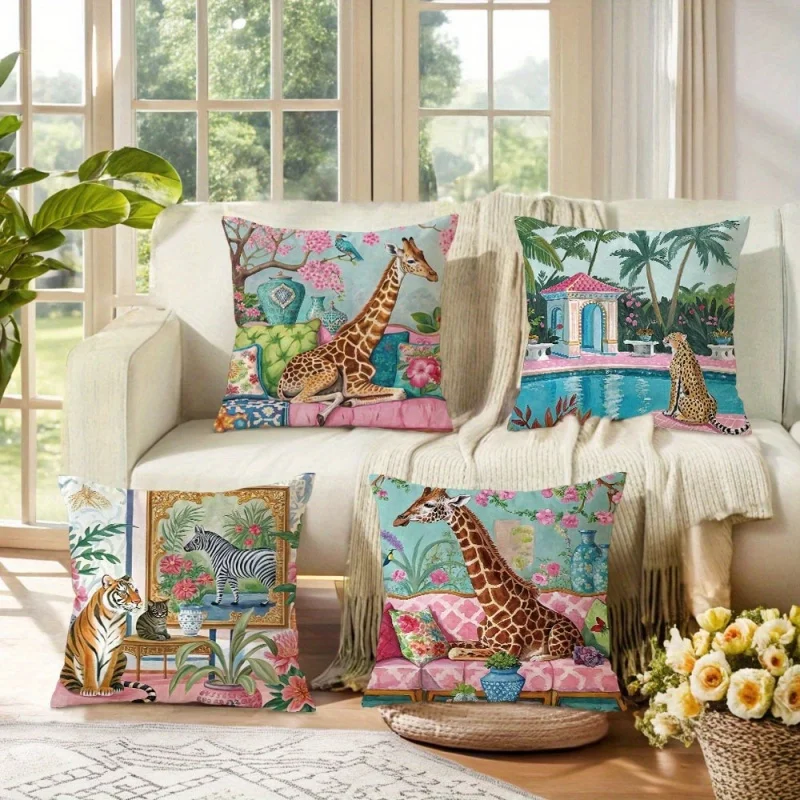 4 Piece Throw Pillowcase Set Tropical Safari Animal Floral Print Boho Jungle Cushion Cover for Home Decor Accent