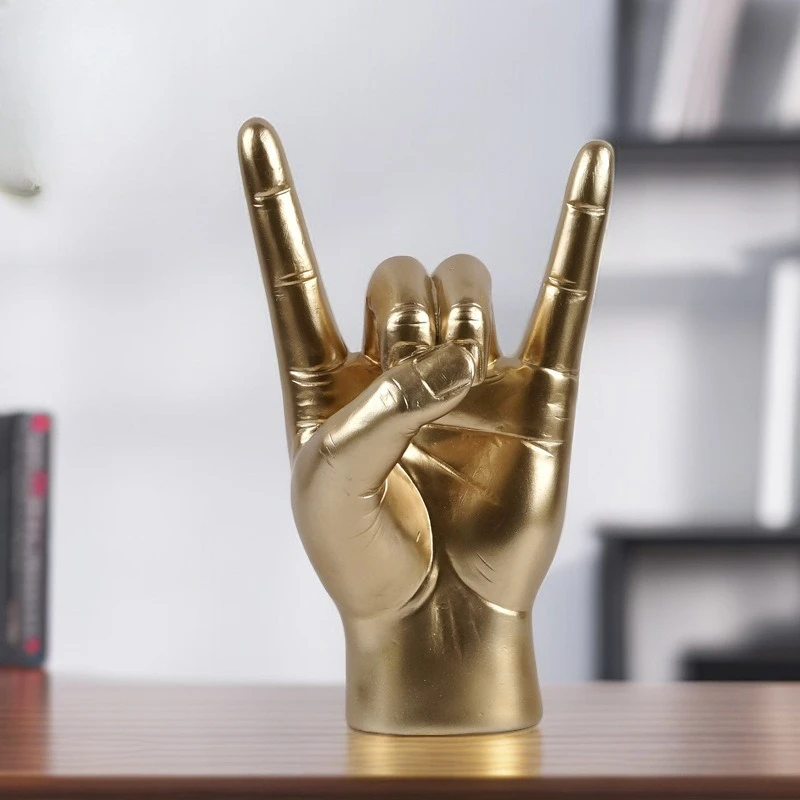 Rock on Hand Statue Resin, Cool Modern Devil Horns Gesture Metal Music Sculpture, Gold Finish Home Office Desk Decor Gift