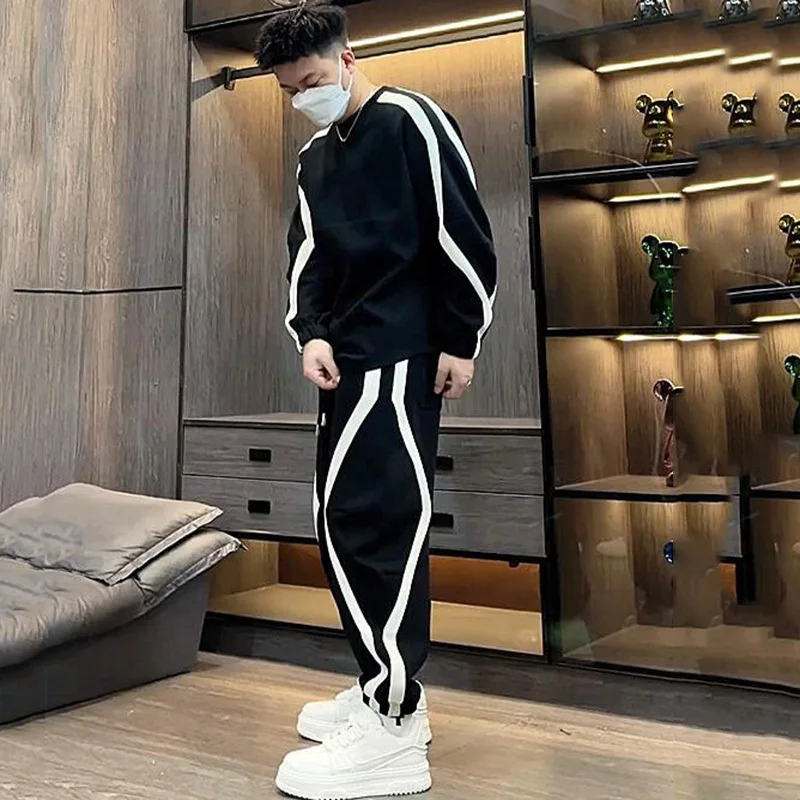 PFHQ Autumn New Striped Splicing Design Casual Men's Sports Suit  Trendy Versatile Loose Hoodie Pants Two-piece Sets 21Z7228