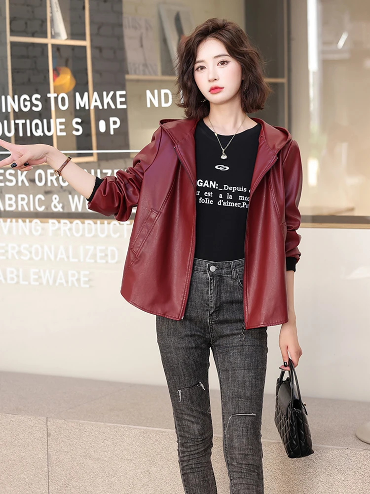 Haining 本革ジャケット女性の ort sle 2025 春秋の新シープスキンカジュアルフード付きジャケットルーズアウター