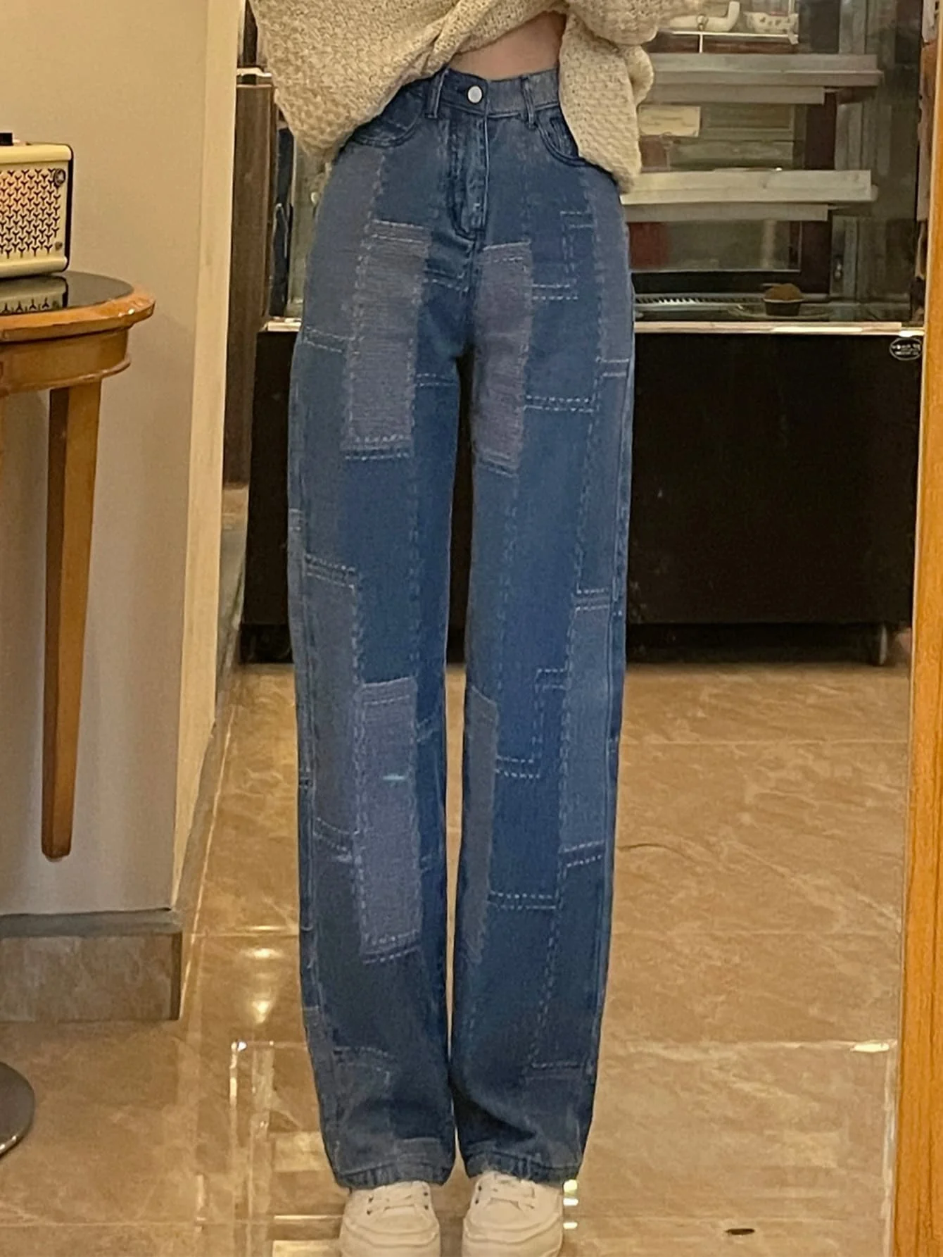 Coreano Chic verano americano Retro Topstitch contraste a cuadros Jeans diseño suelto pierna ancha pantalones largos para mujeres