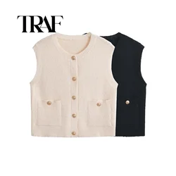 TRAF Autumn Beige Knitted Women Waistcoat Sleeveless Pockets Single Breasted Slim Cardigan Jacket Vest Y2K Crop Top 6771104