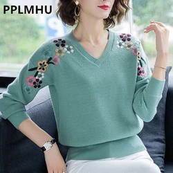 Slim V-Neck Flower Embroidery knitted Pullovers For Women Fashion spring Elastic Sweaters Large Size Casual Knitwear Tops Femme