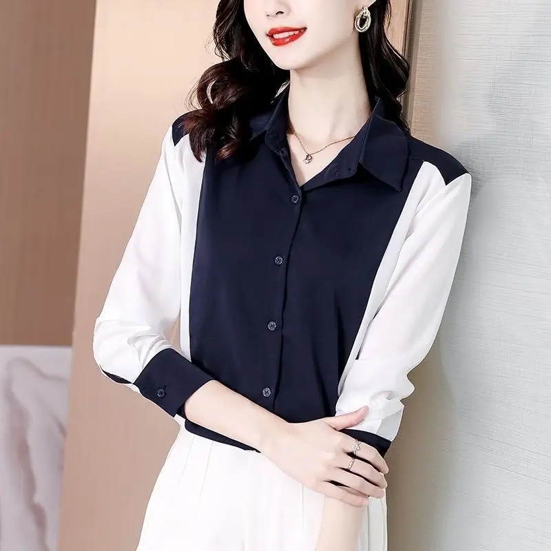 Contrast Patchwork Office Blouse Spring New Polo Neck Long Sleeve Chiffon Loose Casual Shirt Tops Elegant Fashion Women Clothing