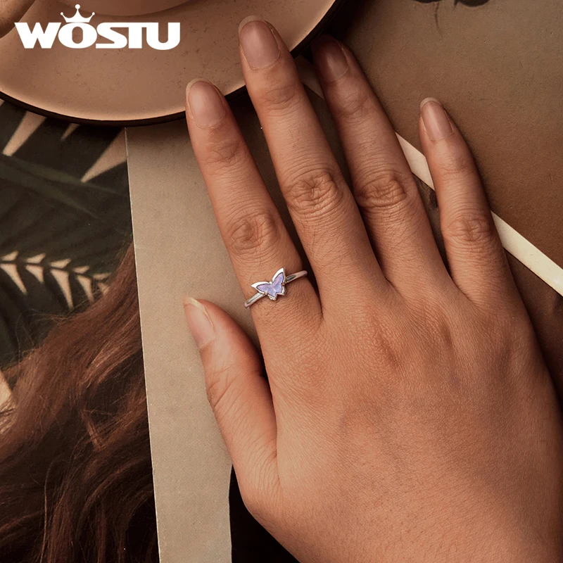 WOSTU 925 Sterling Silver Romantic Iris Flower Earrings Open Ring Set Butterfly Open Ring for Women Party Gift Fine Jewelry