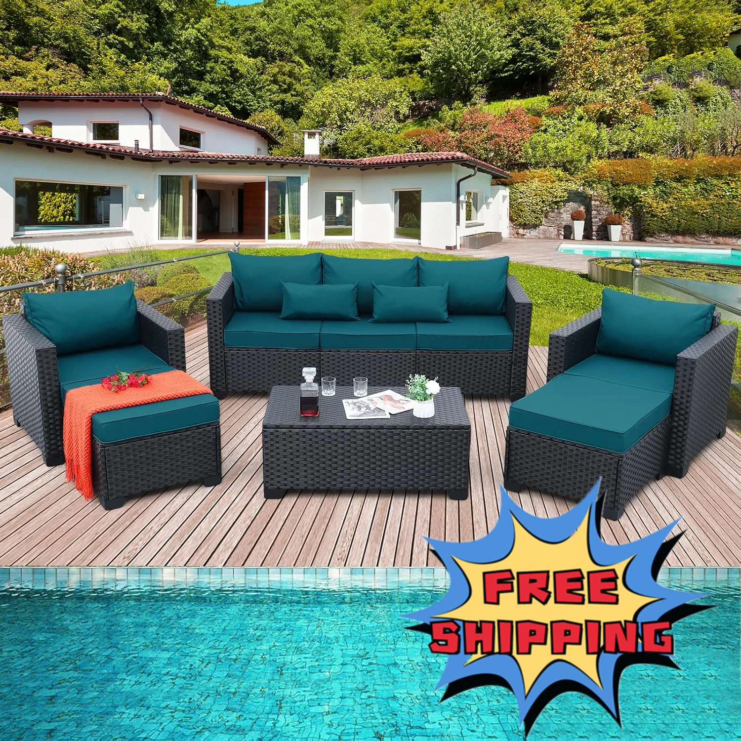 

Новинка 2023 года, комплект мебели для патио, 6 предметов, диван, уличные стулья, журнальный столик, синие противоскользящие подушки с павлином и водонепроницаемые чехлы