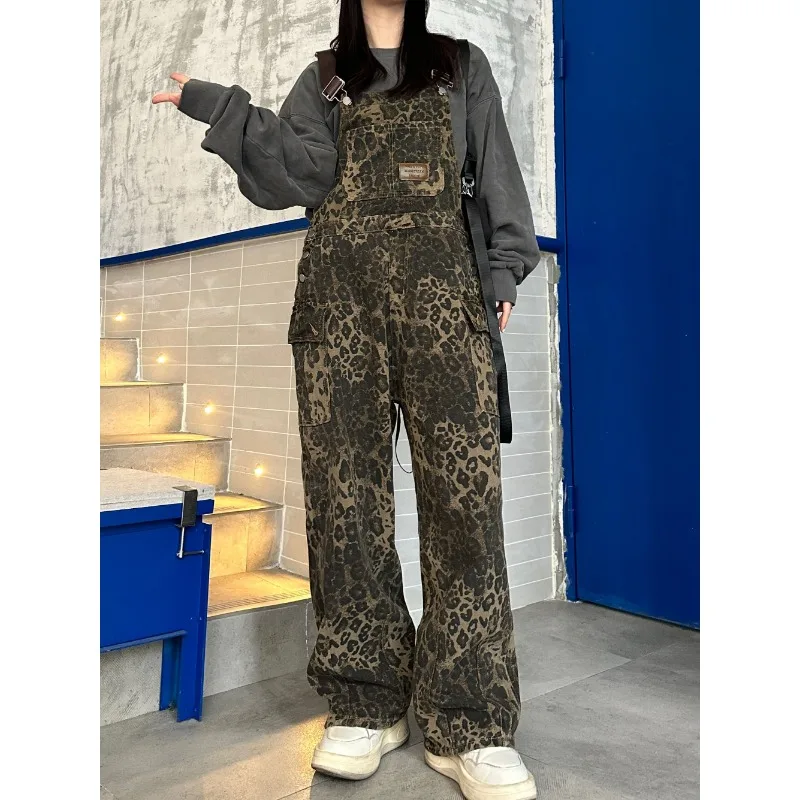 

Свободный крой, женский комбинезон с леопардовым принтом, джинсовые комбинезоны, повседневные шикарные осенне-зимние новые широкие брюки в американском стиле ретро