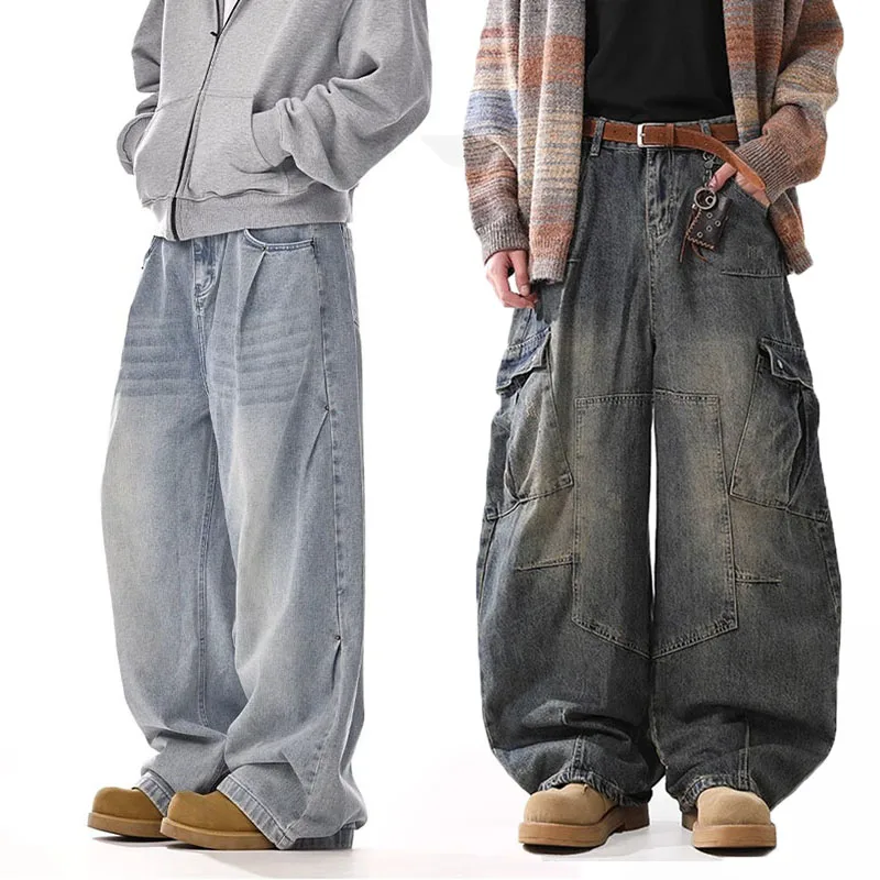 

Мужские джинсы в стиле ретро с несколькими карманами и изогнутыми ножками, мужские джинсы с прямыми штанинами, свободные повседневные широкие брюки High Street