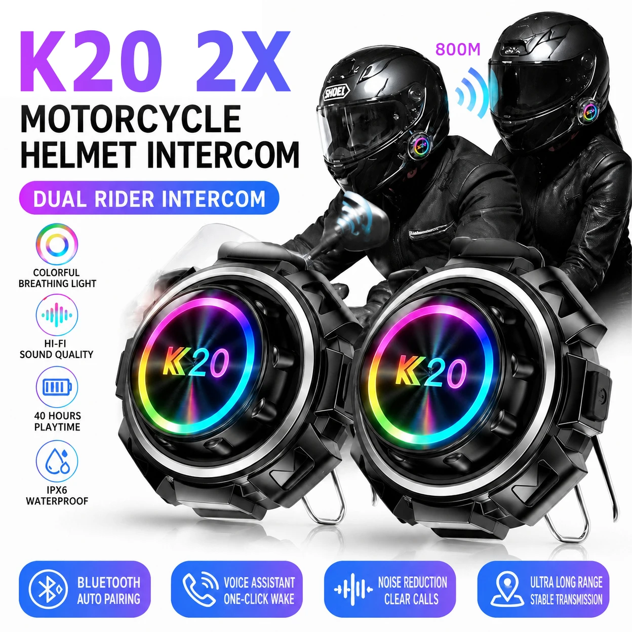 KEBIDUMEI K20 2X Intercom Bluetooth Motorcycle Helmet Headset,Handsfree Communicator Waterproof Music Sharing Interphone