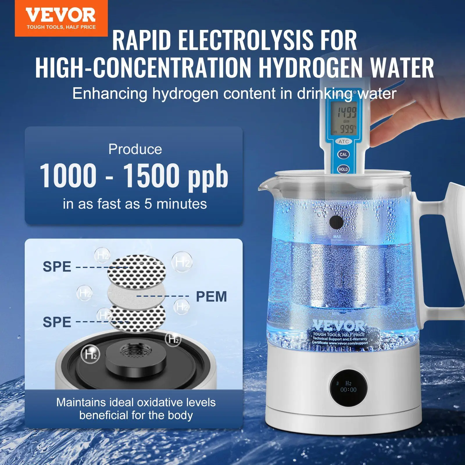 Hydrogen Water Pitcher Generator, 1.5 L / 52.8 oz Large Capacity Hydrogen Generator Water Kettle, SPE and PEM Technology, Hydro