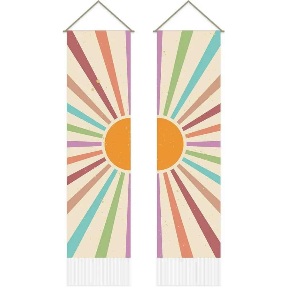 2Pcs Rainbow Sun Tapestry Sunset Sunrise Long Vertical Tapestry Wall Hanging Decor Abstract Minimalist Art Wall Tapestry